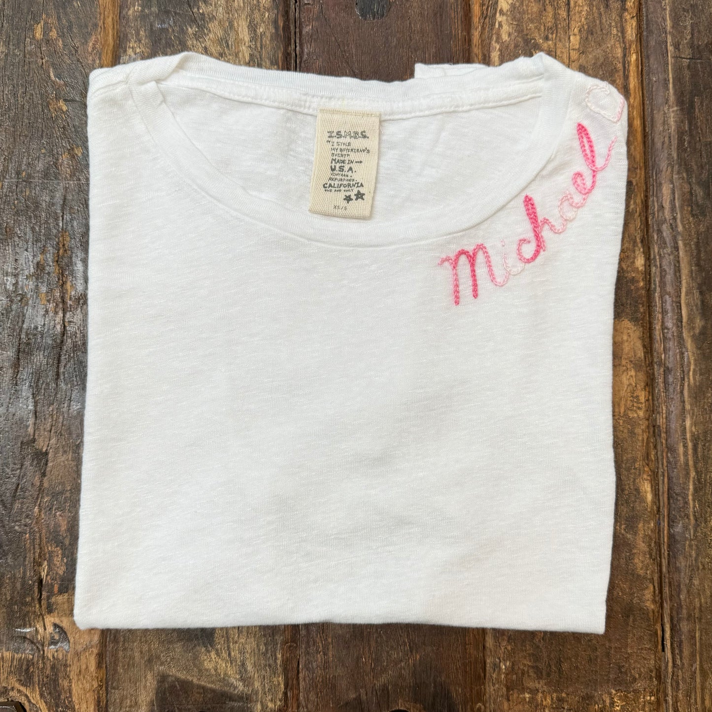 WHITE S/S TEE WITH CUSTOM HAND EMBROIDERY