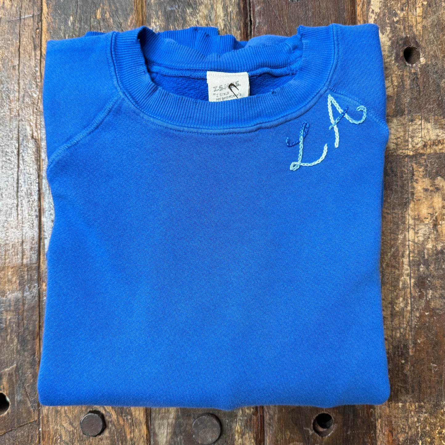 BLUE L/S SWEATS WITH CUSTOM HAND EMBROIDERY