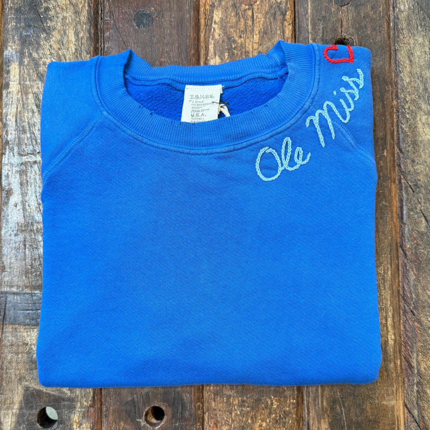 BLUE L/S SWEATS WITH CUSTOM HAND EMBROIDERY