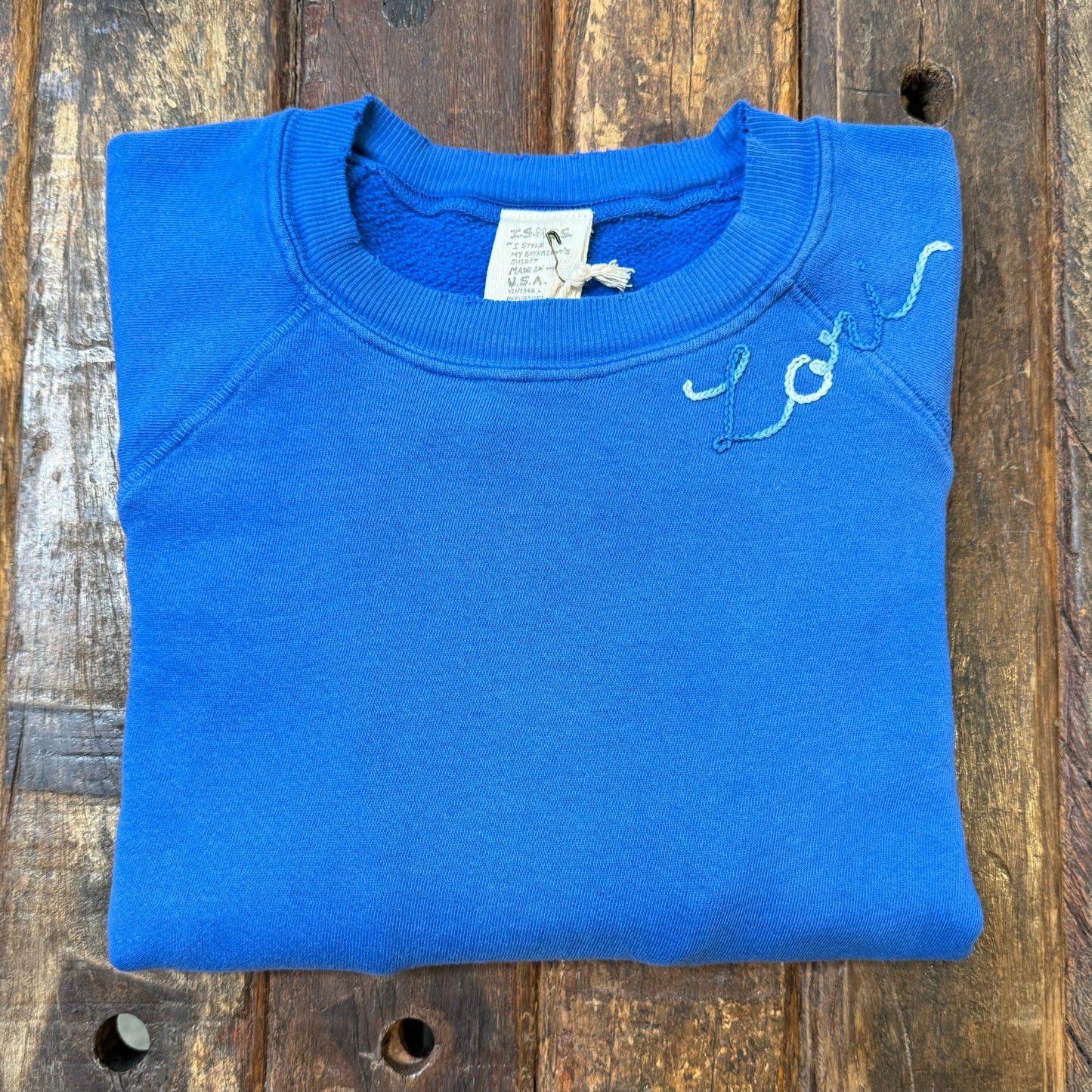 BLUE L/S SWEATS WITH CUSTOM HAND EMBROIDERY