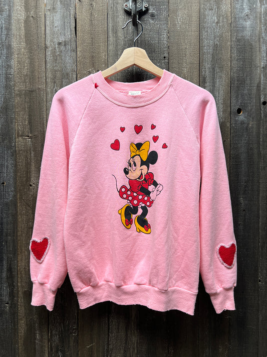 Vintage Minnie Hearts Sweatshirt with Crochet Hearts - S & M/L - Customize Your Embroidery Wording