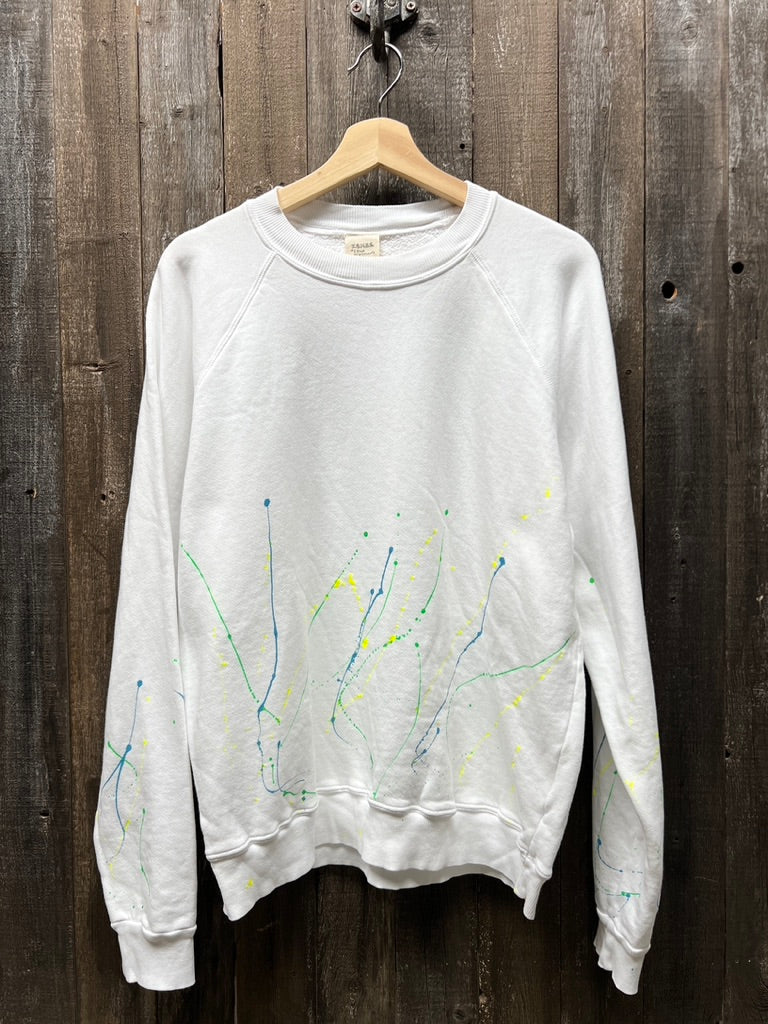 SPLASH PAINT WHITE L/S SWEATS WITH CUSTOM HAND EMBROIDERY-M/L