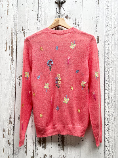 AllOVER FLOWER SWEATER WITH CUSTOM HAND EMBROIDERY-PINK-XS/S