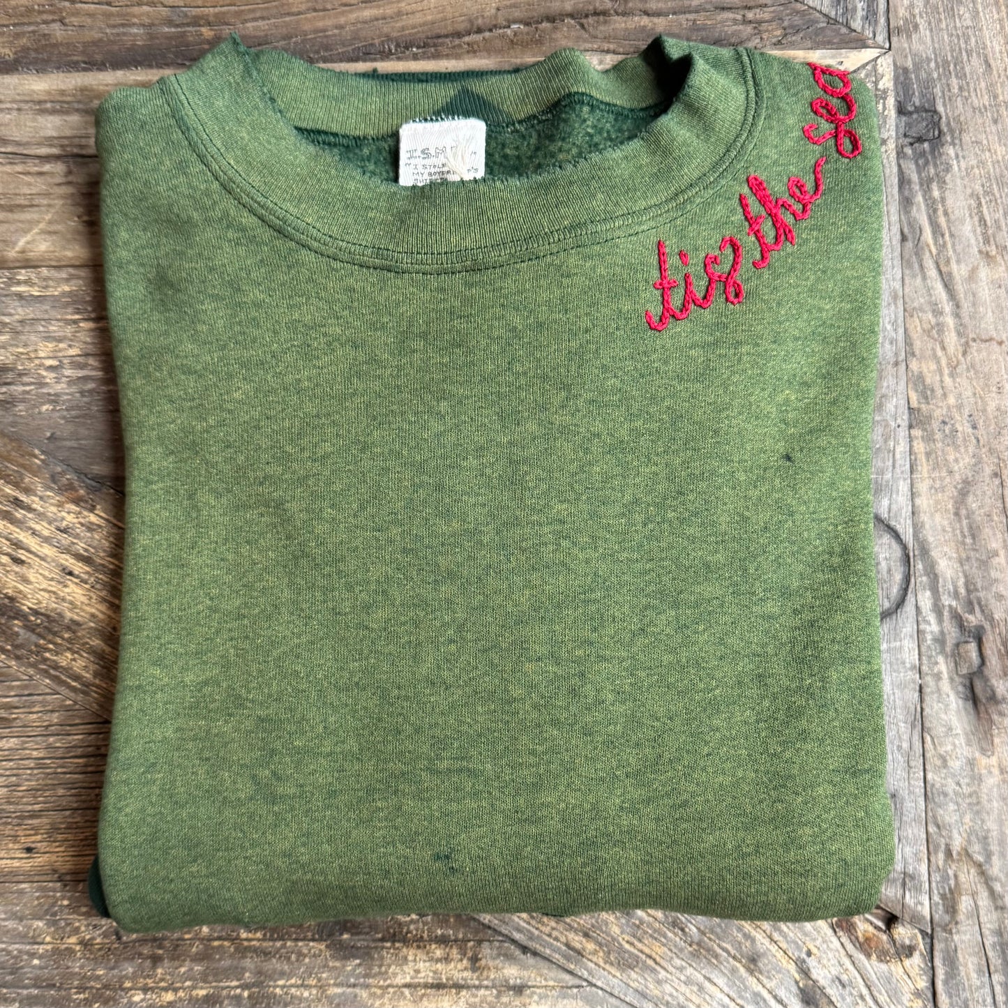 OLIVE VINTAGE SWEATS WITH CUSTOM HAND EMBROIDERY