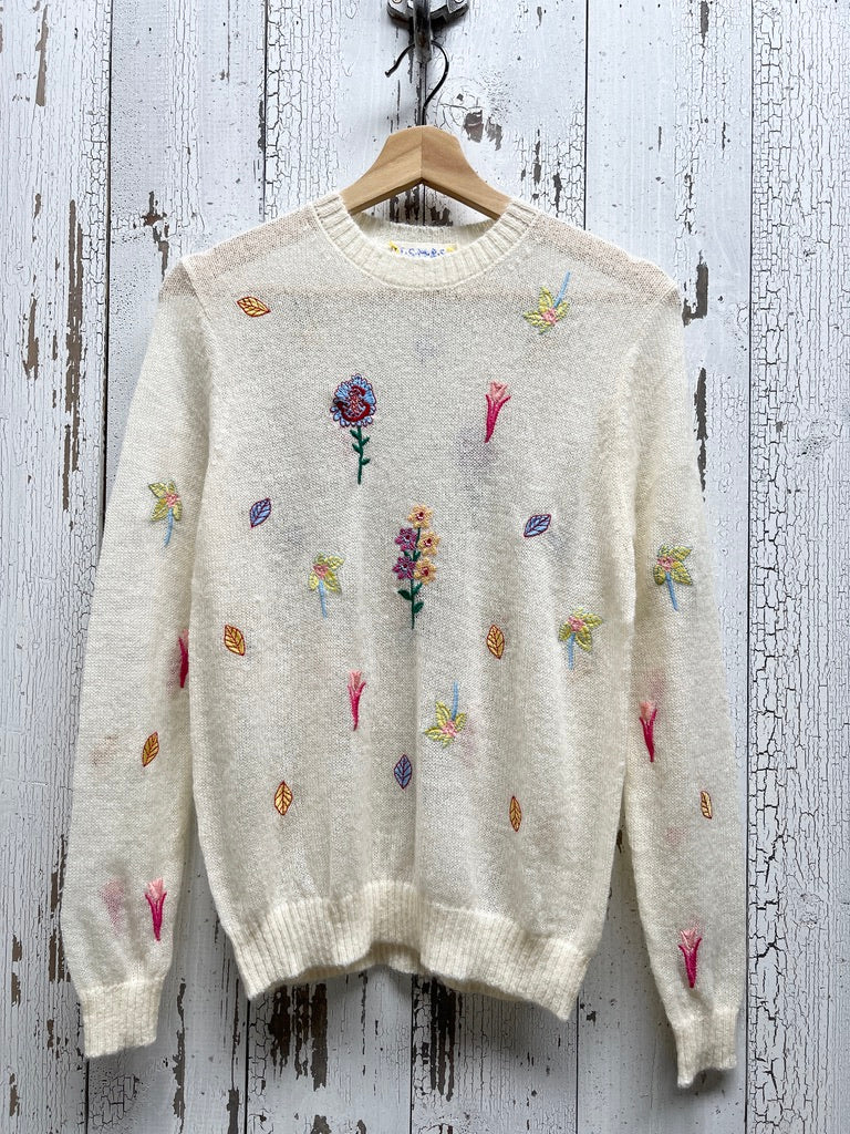 AllOVER FLOWER SWEATER WITH CUSTOM HAND EMBROIDERY-Off White-XS/S