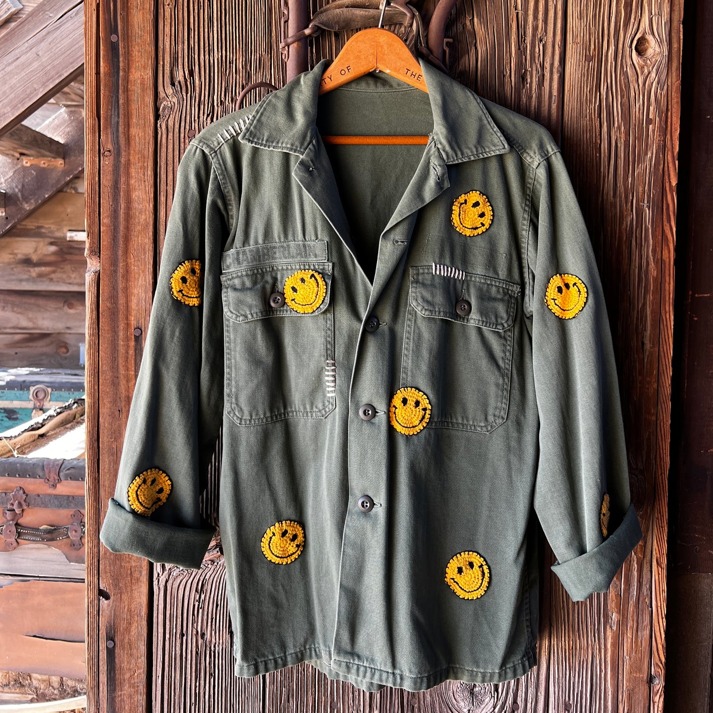 Vintage Army Jacket with Allover Smiley Face Crochet Patches