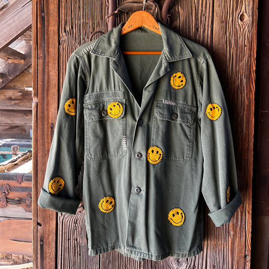 Vintage Army Jacket with Allover Smiley Face Crochet Patches