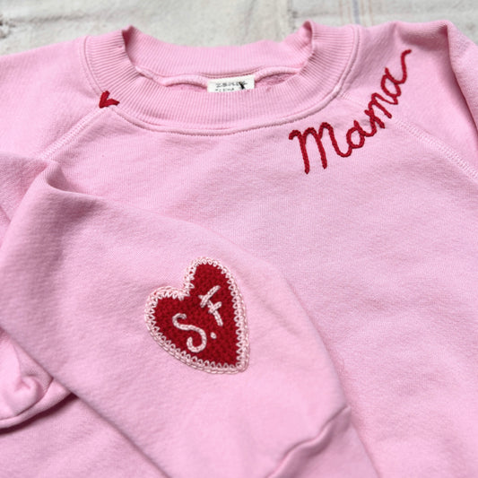 Crochet Heart with CUSTOM INITIAL & CUSTOM HAND EMBROIDERY ON NECKLINE Sweatshirt (17Colors)