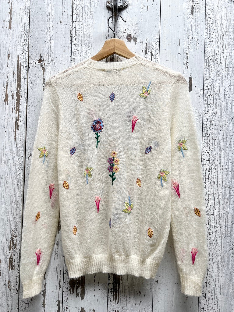 AllOVER FLOWER SWEATER WITH CUSTOM HAND EMBROIDERY-Off White-XS/S