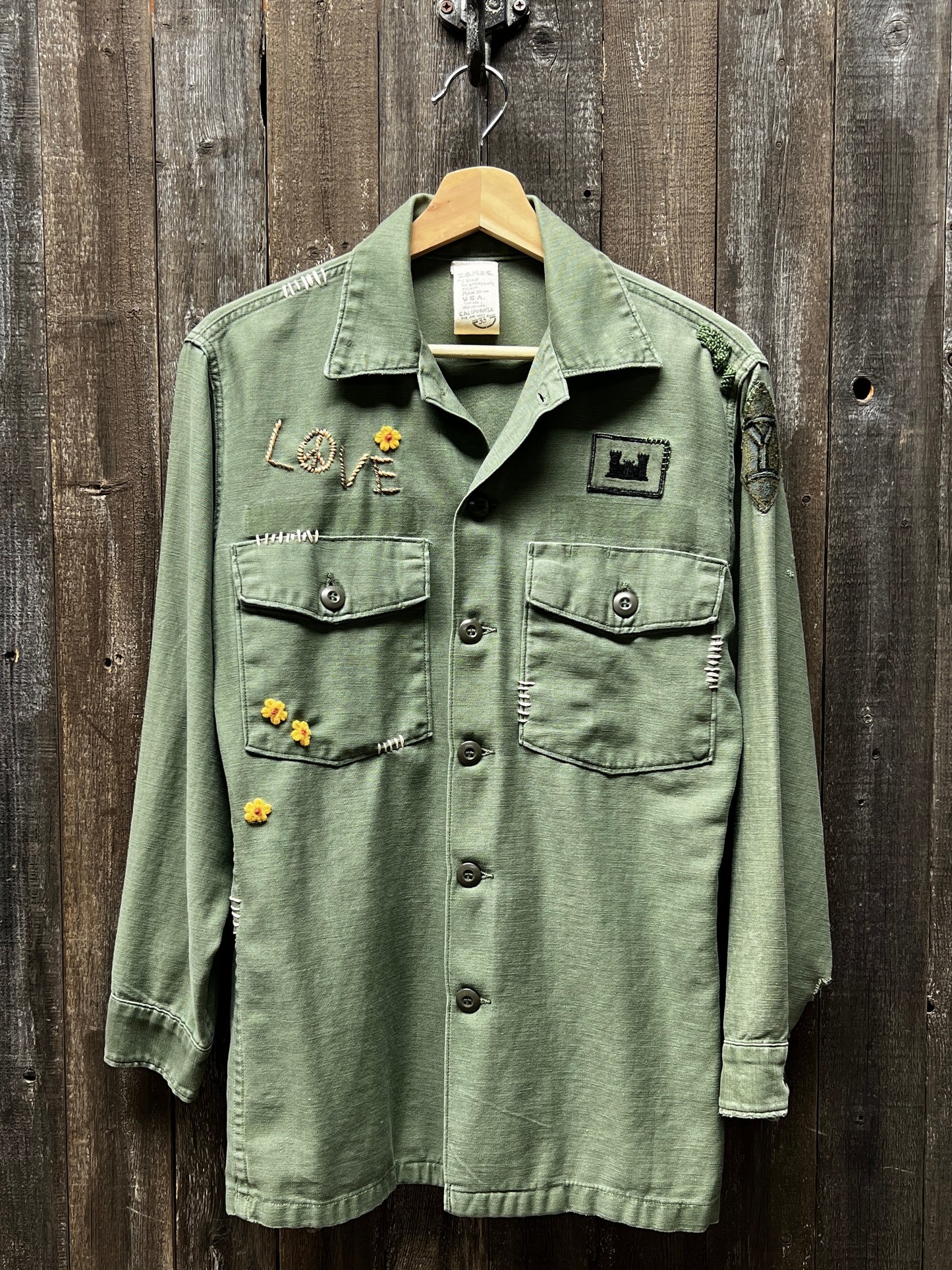 Vintage Army Jacket with Love & Peace with Mini Flower Patches