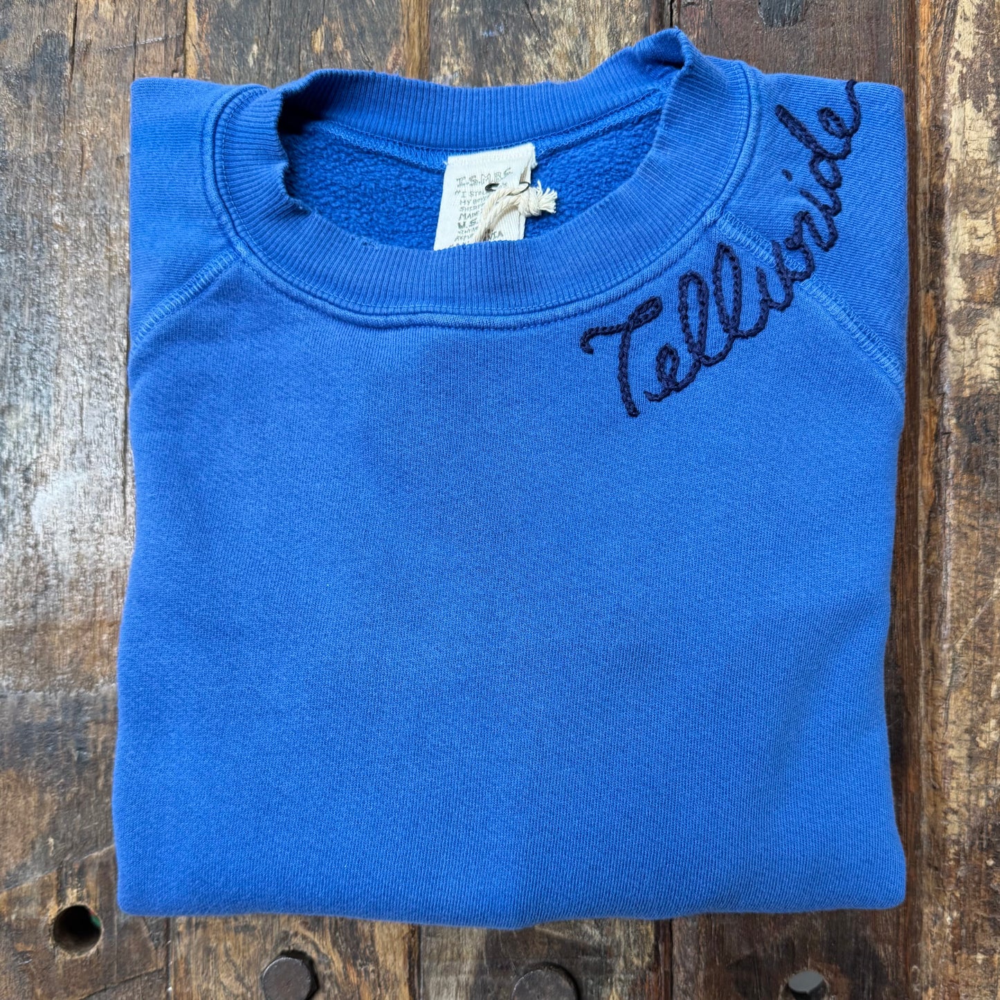 BLUE L/S SWEATS WITH CUSTOM HAND EMBROIDERY