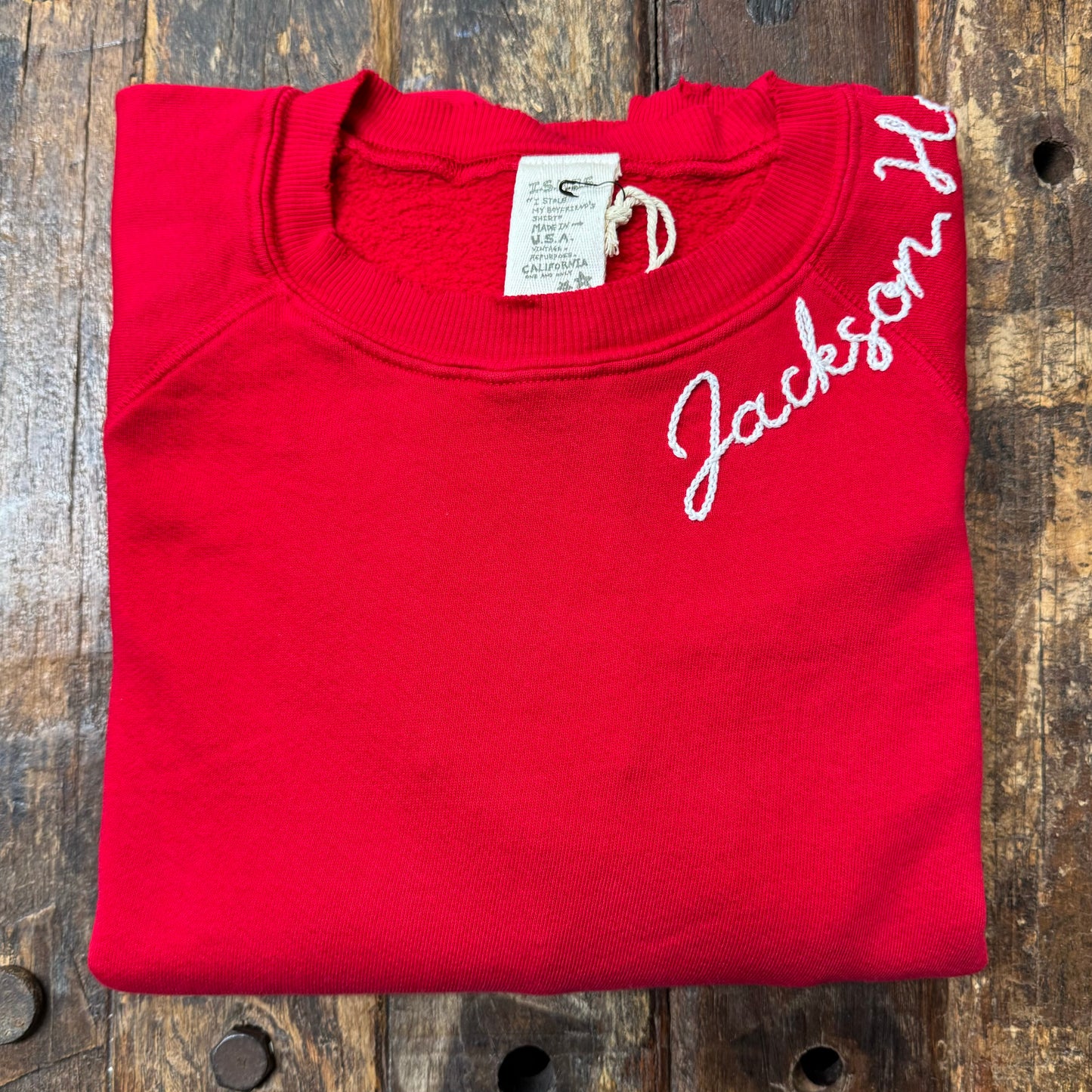 RED L/S SWEATS WITH CUSTOM HAND EMBROIDERY