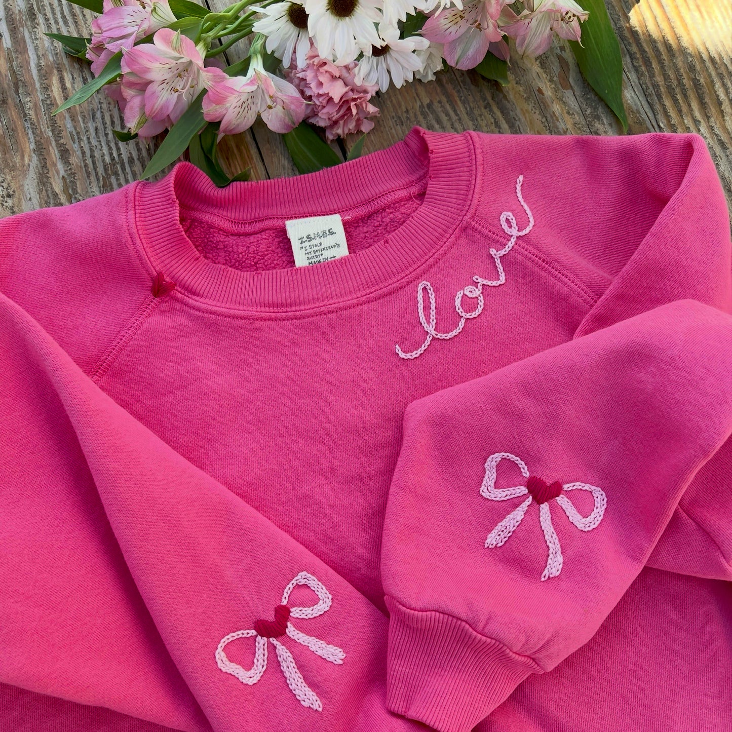 Ribbon on Sleeve Sweatshirt with Personalized Hand Embroidery (13 Colors)