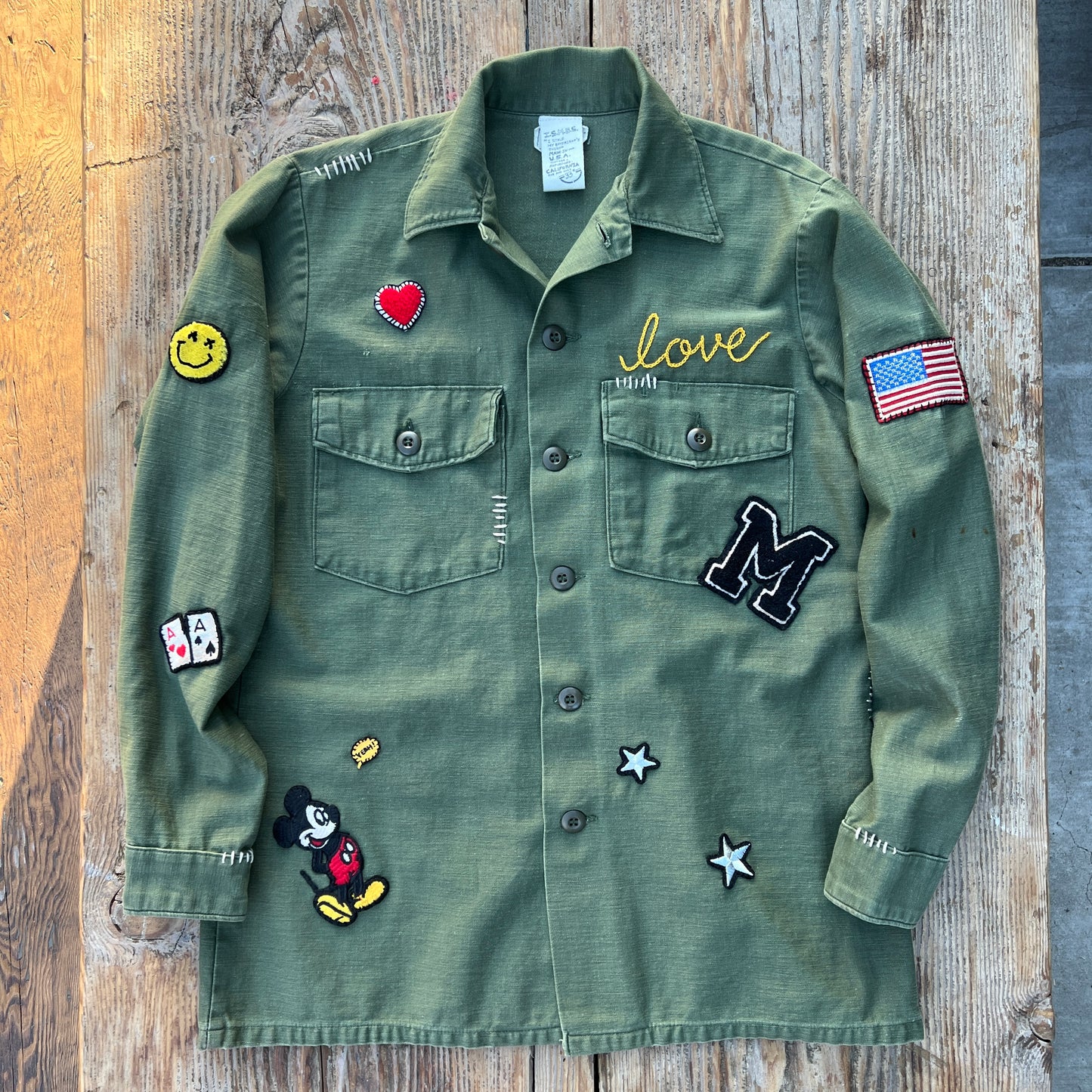 Vintage Army Jacket with Allover Happy Mickey Patches WITH PERSONALIZED HAND EMBROIDERY