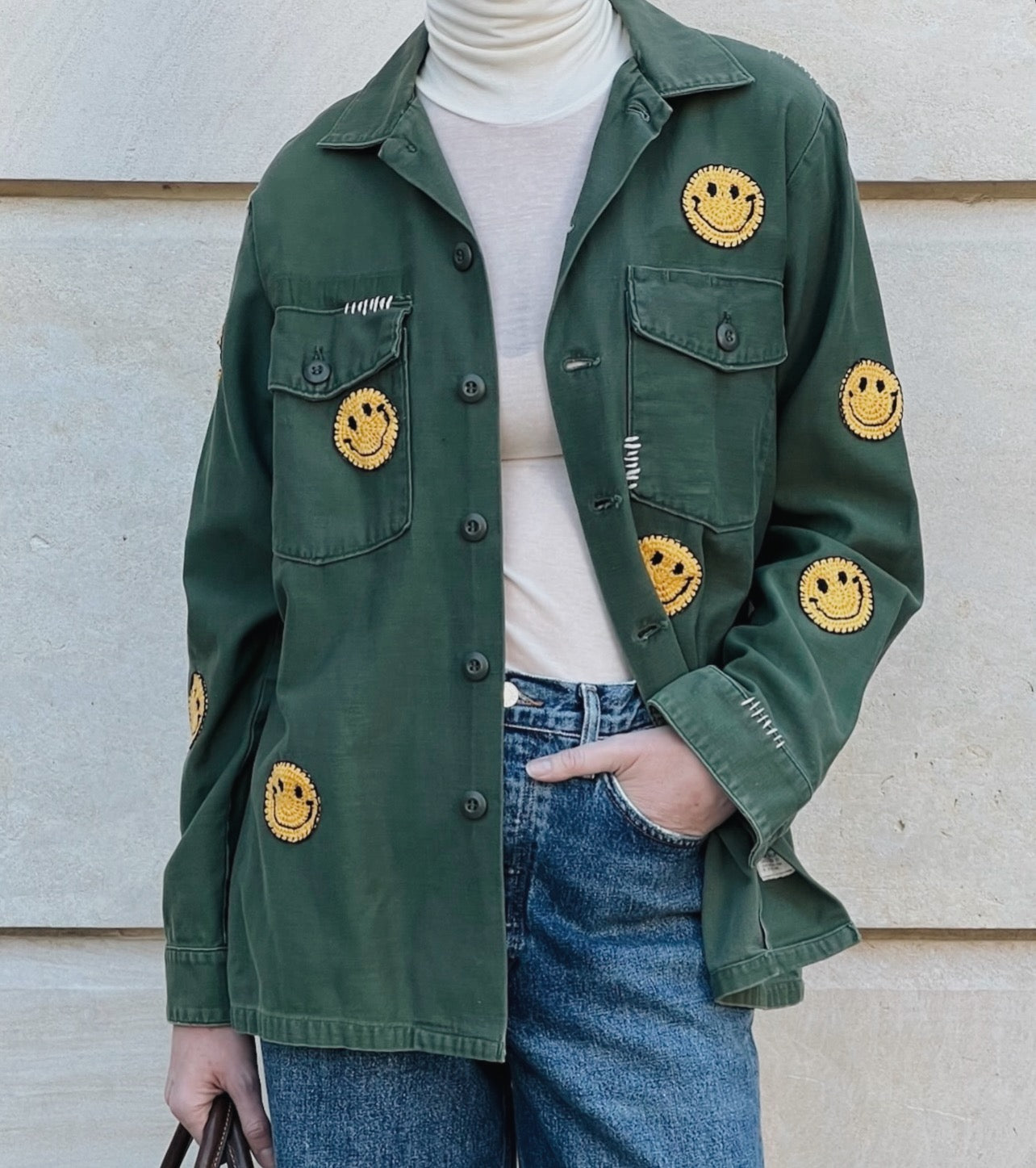 Vintage Army Jacket with Allover Smiley Face Crochet Patches