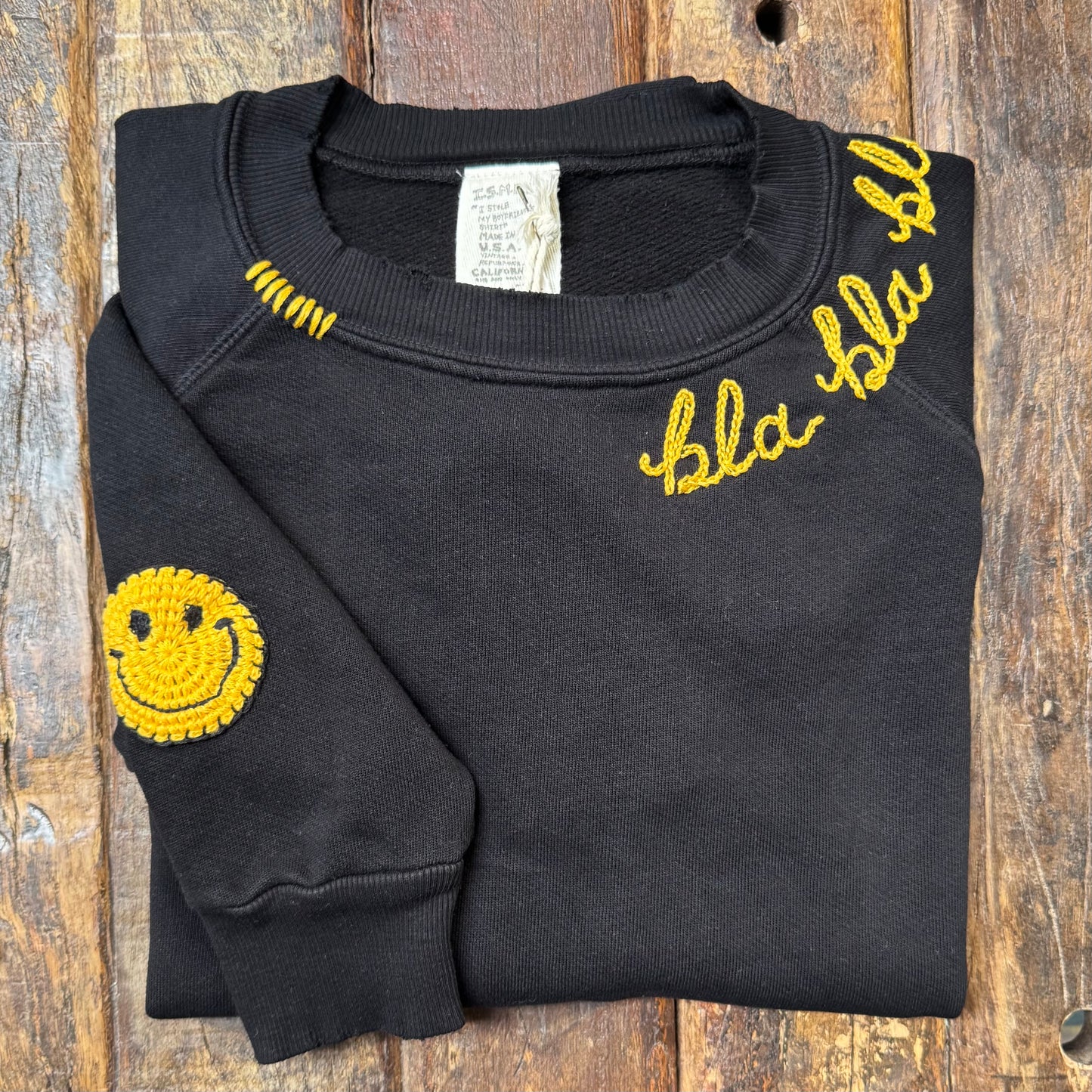 Crochet Smiley Patch Sweatshirts WITH CUSTOM HAND EMBROIDERY- (17Colors)