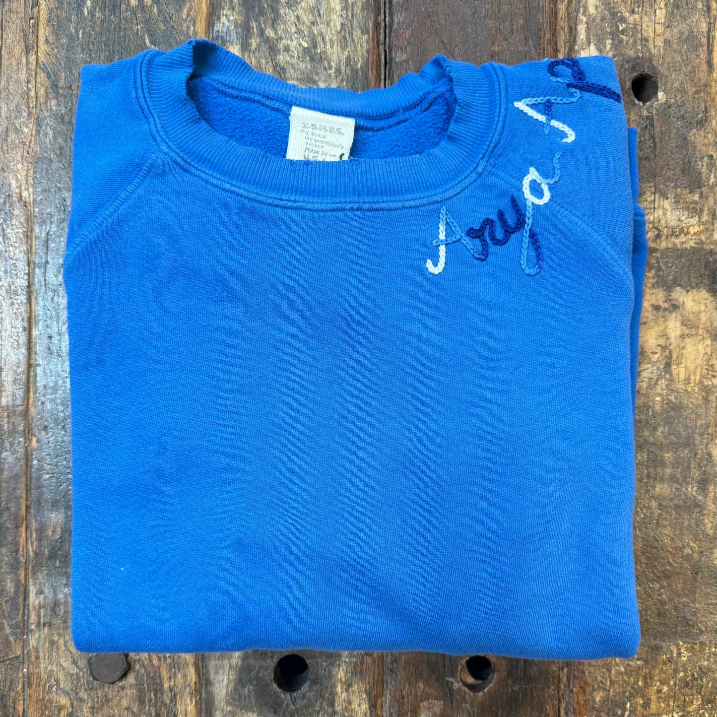 BLUE L/S SWEATS WITH CUSTOM HAND EMBROIDERY