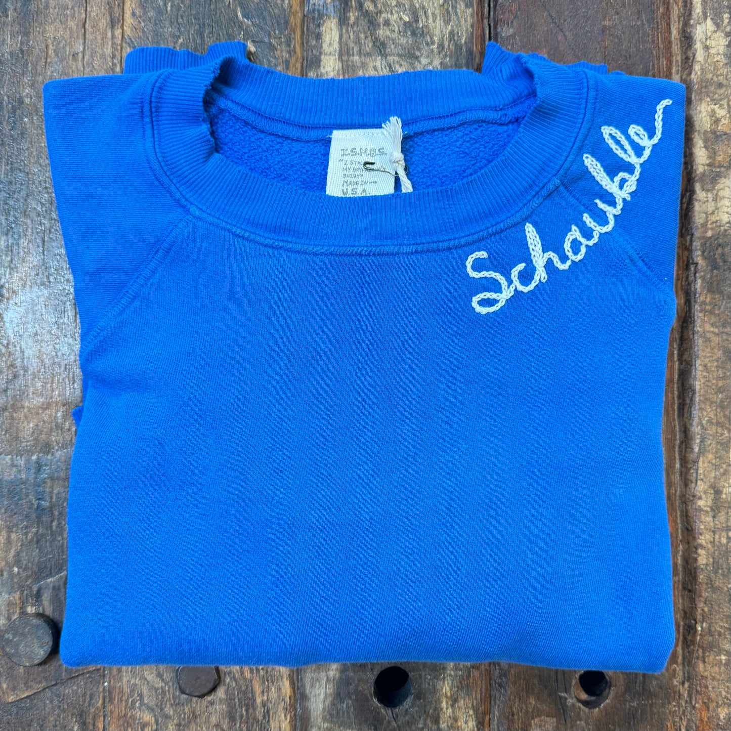 BLUE L/S SWEATS WITH CUSTOM HAND EMBROIDERY