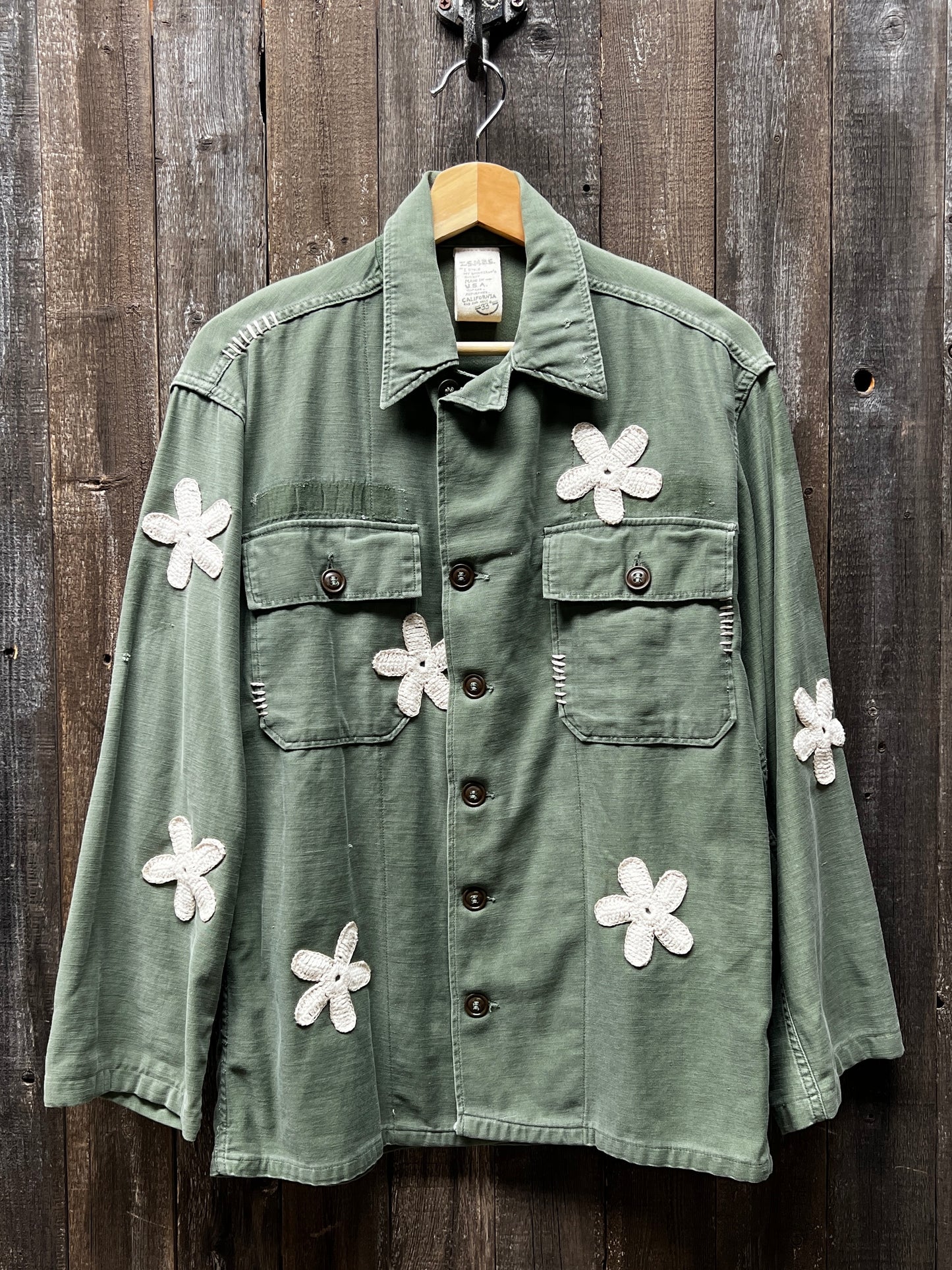 Vintage Army Jacket with Allover Daisy Crochet Patches