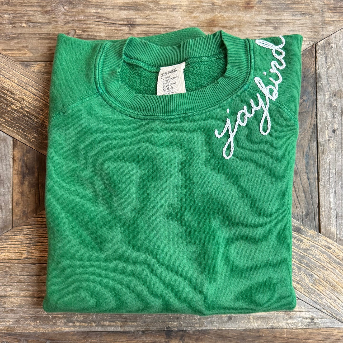GREEN L/S SWEATS WITH CUSTOM HAND EMBROIDERY