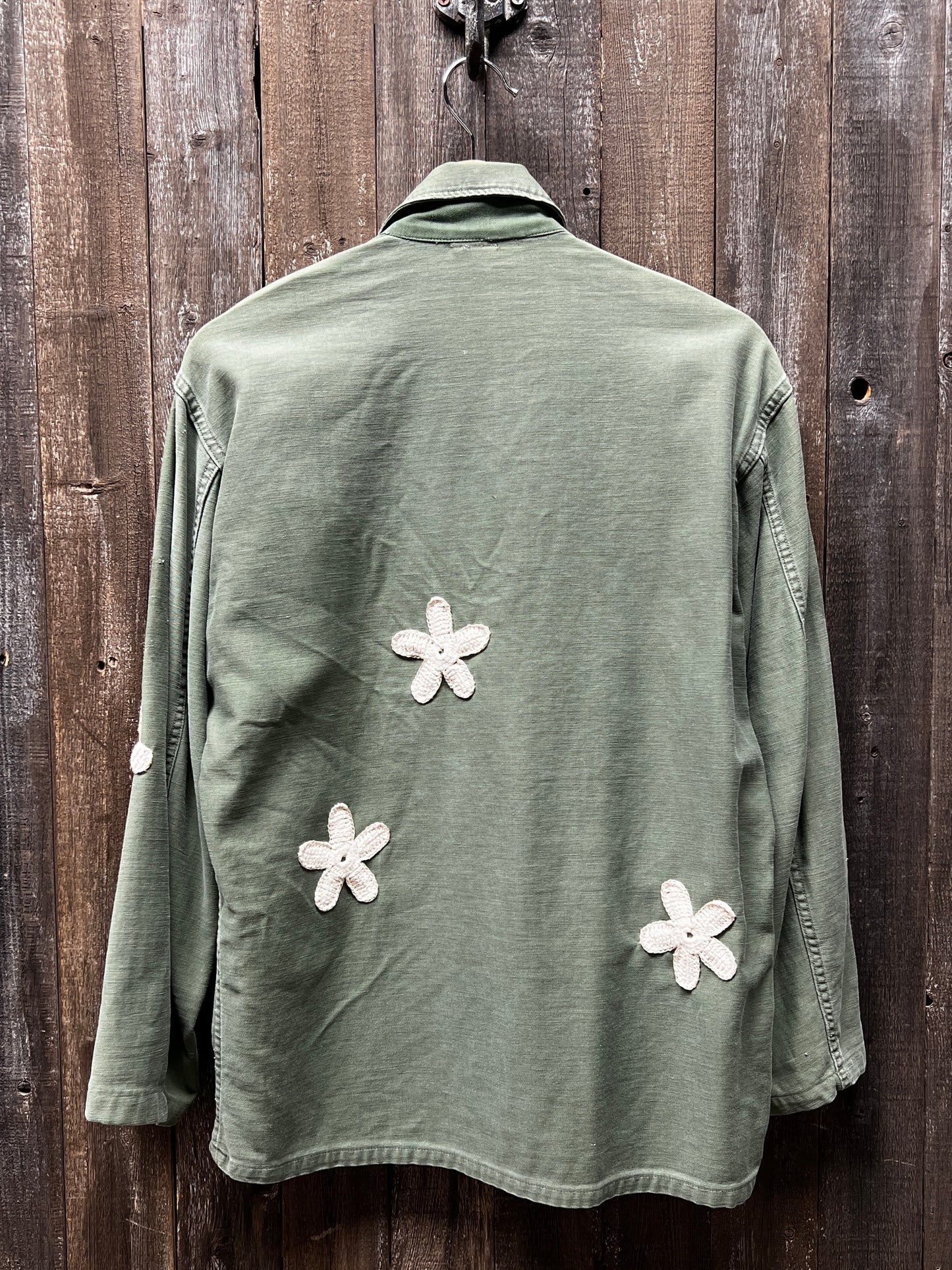 Vintage Army Jacket with Allover Daisy Crochet Patches