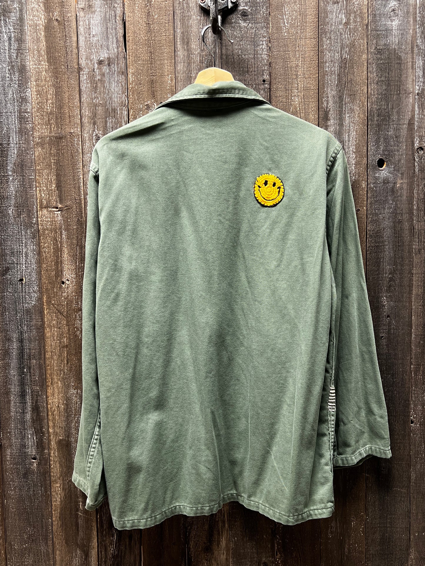 Vintage Army Jacket with Allover Smiley Face Crochet Patches
