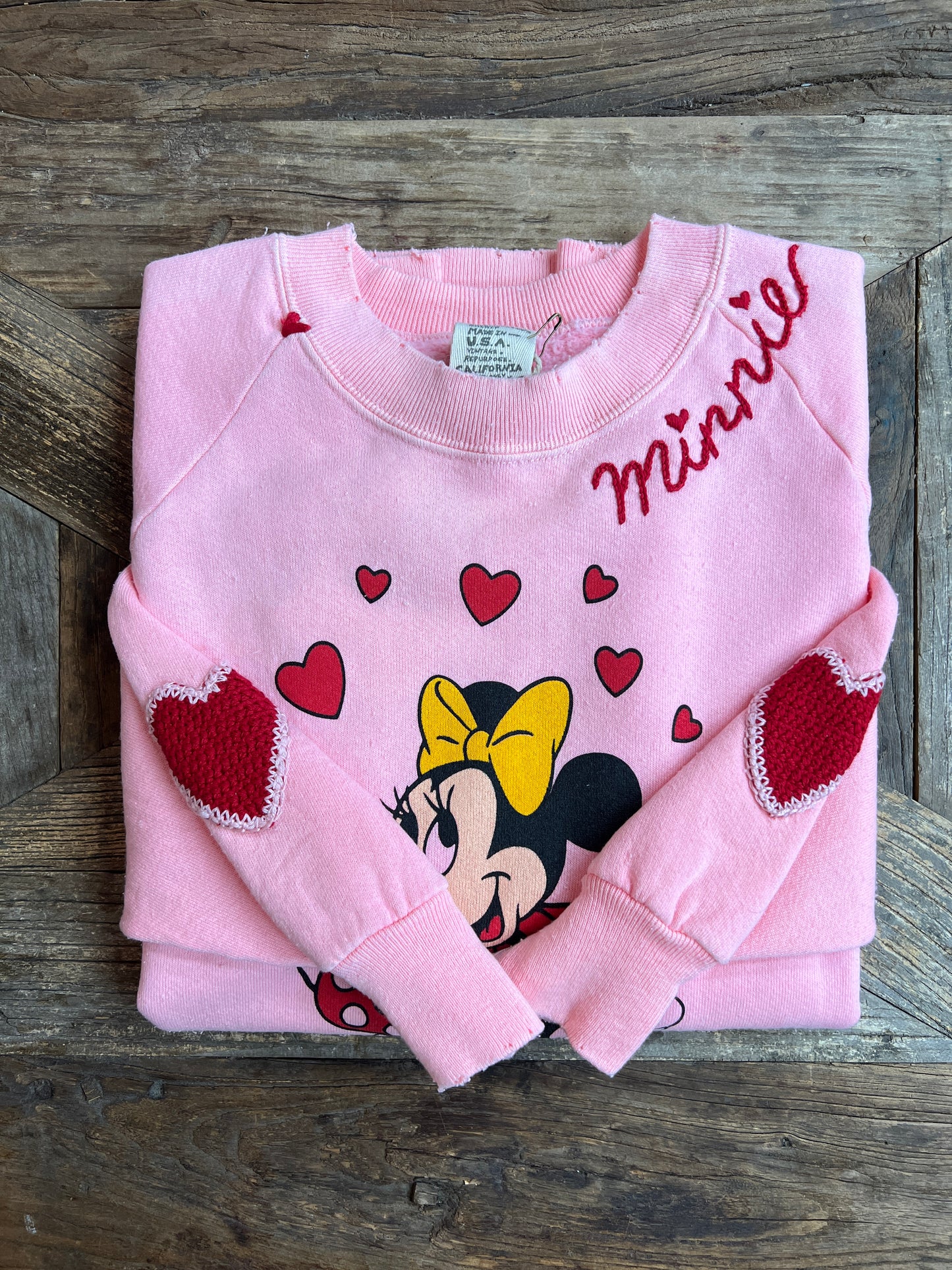 Vintage Minnie Hearts Sweatshirt with Crochet Hearts - S & M/L - Customize Your Embroidery Wording