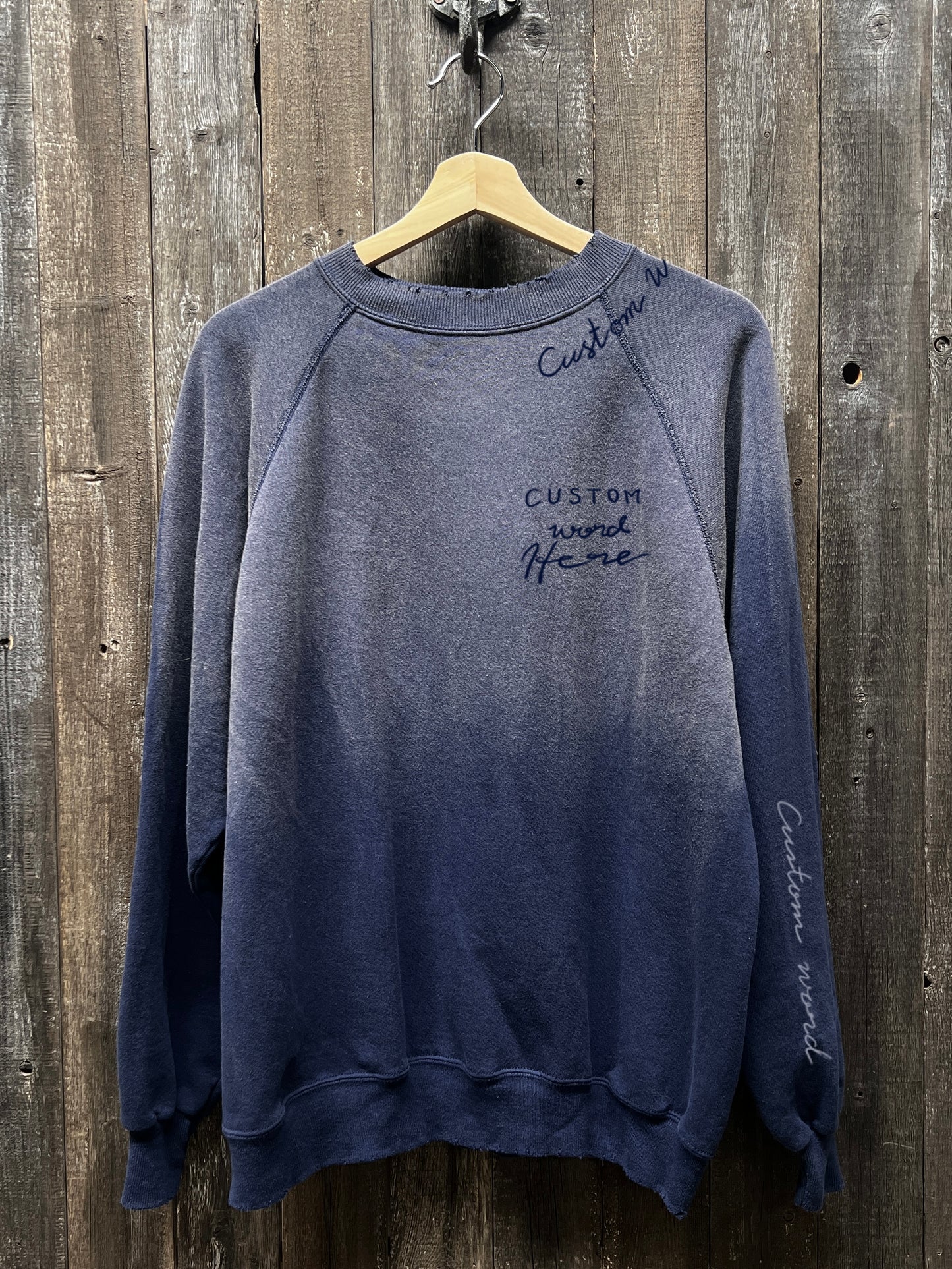 WASHED NAVY VINTAGE SWEATS WITH CUSTOM HAND EMBROIDERY ON NECKLINE - OVERSIZE FIT