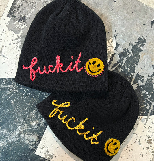 SMILEY PATCH BEANIE WITH CUSTOM HAND EMBROIDERY(6COLORS)