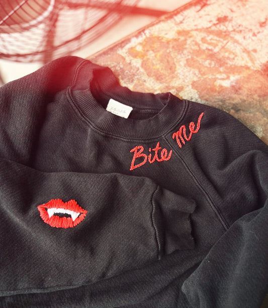 Bite Me Sweatshirt- Custom Hand Embroidery on Neckline(10 Colors)