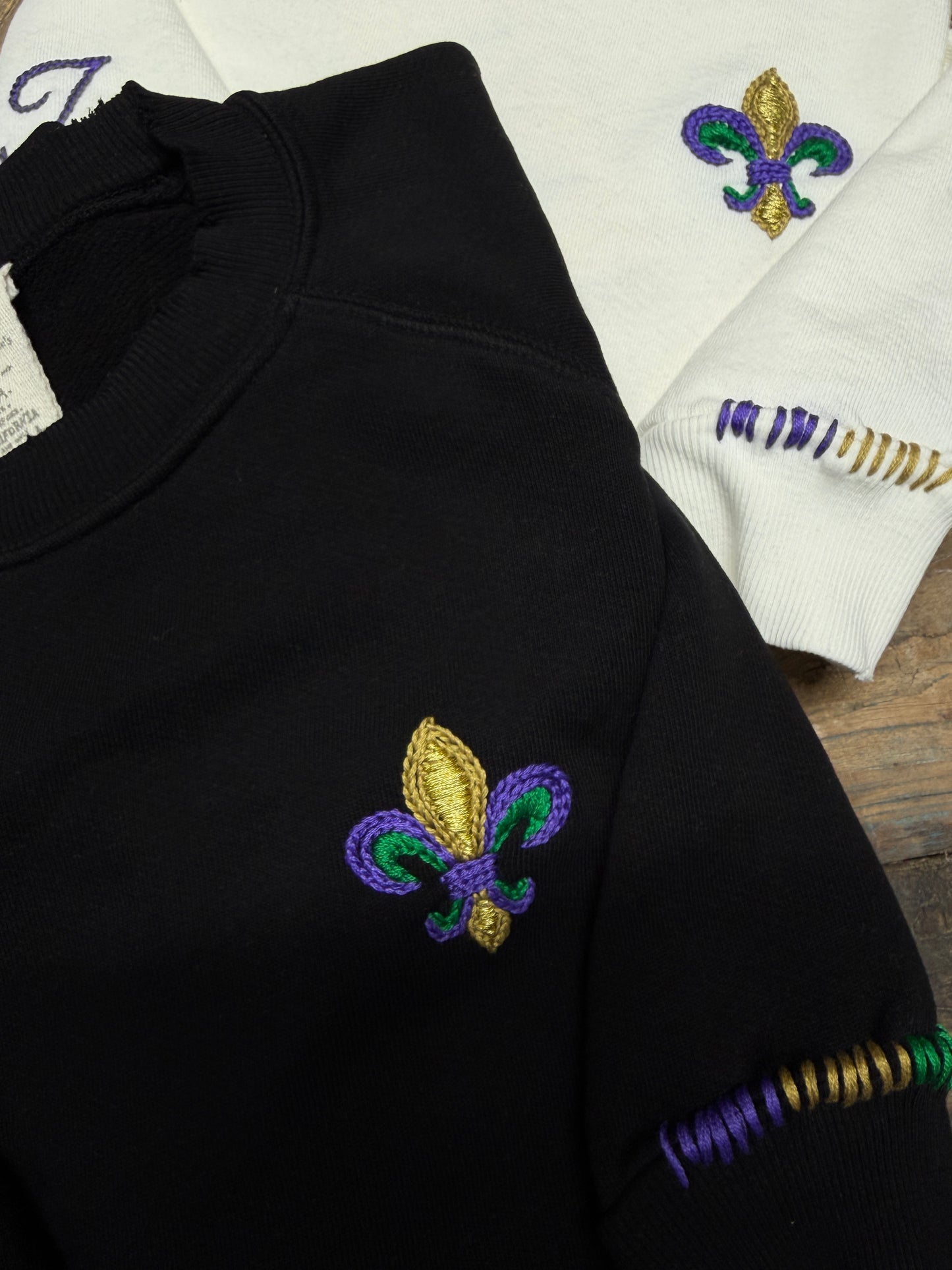 Mardi Gras Fleur de Lis Sweatshirt with Initial Letter on Sleeve (6 Colors)