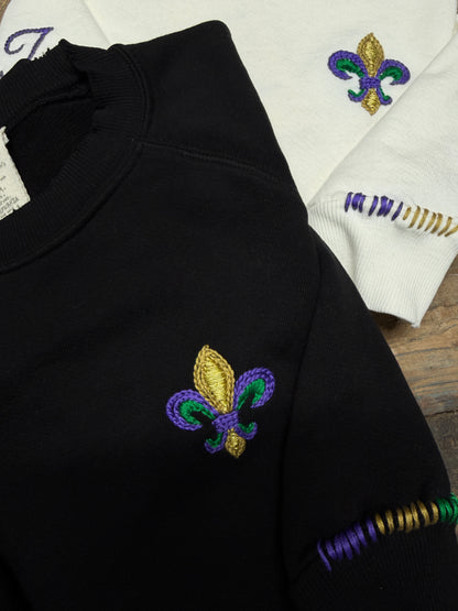 Mardi Gras Fleur de Lis Sweatshirt with Initial Letter on Sleeve (6 Colors)