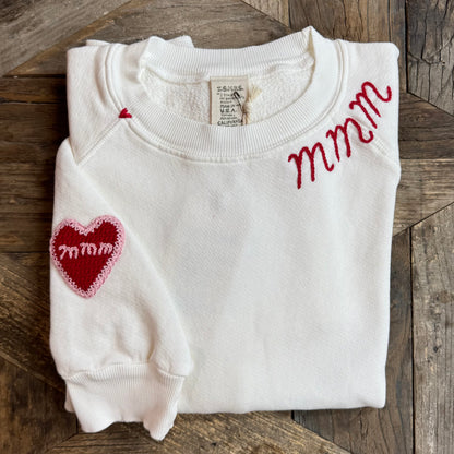 Crochet Heart with CUSTOM INITIAL & CUSTOM HAND EMBROIDERY ON NECKLINE Sweatshirt (17Colors)