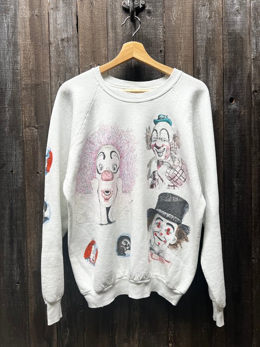 VINTAGE ALLOVER CLOWN SWEATSHIRT WITH CUSTOM HAND EMBROIDERY-L