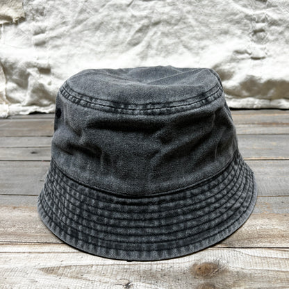 WASHED COTTON BUCKET HAT WITH CUSTOM HAND EMBROIDERY- FADED BLACK