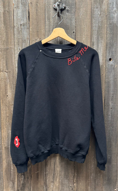 Bite Me Sweatshirt- Custom Hand Embroidery on Neckline(3 Colors)