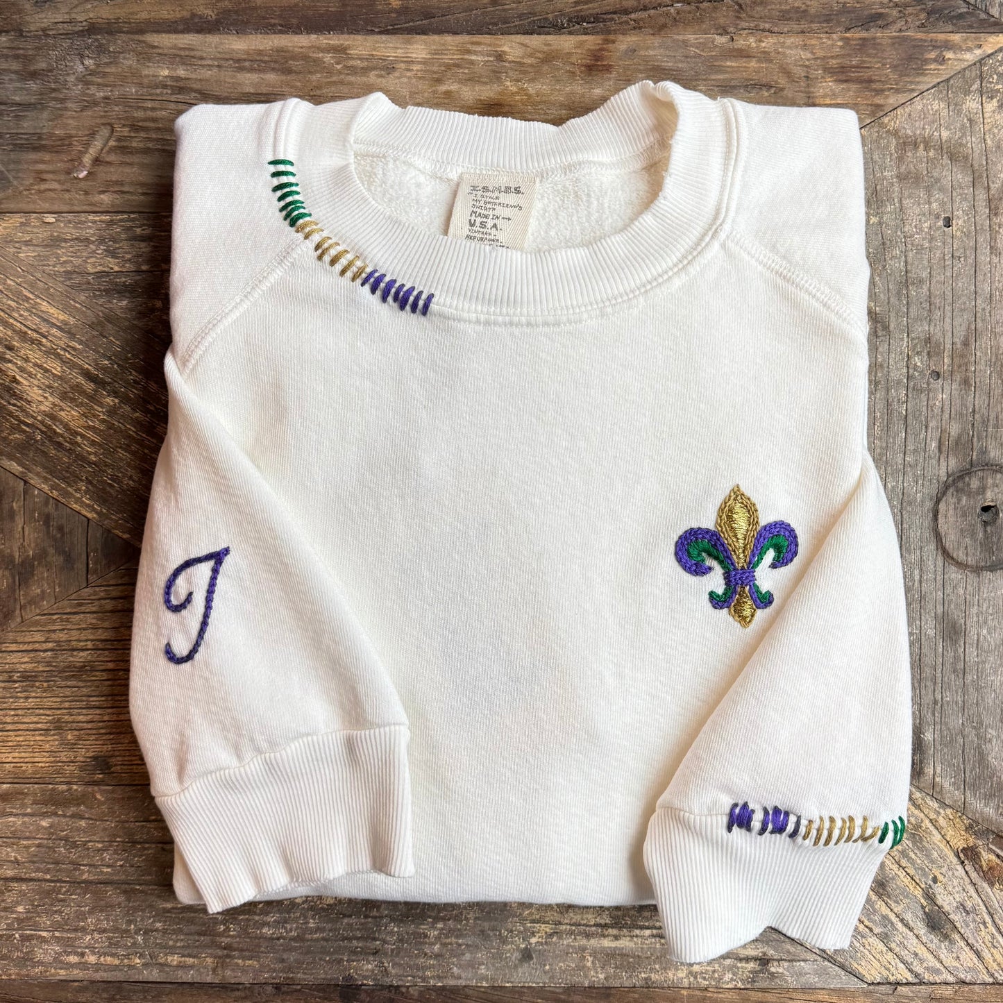 Mardi Gras Fleur de Lis Sweatshirt with Initial Letter on Sleeve (6 Colors)