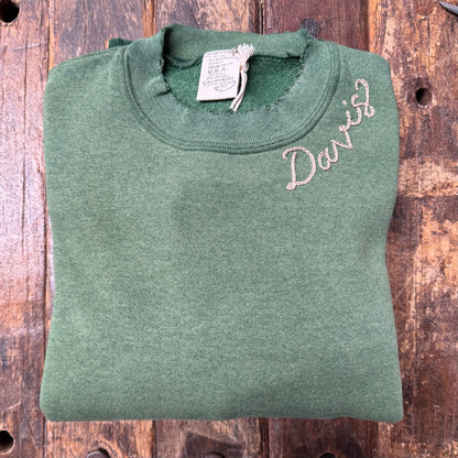 OLIVE VINTAGE SWEATS WITH CUSTOM HAND EMBROIDERY