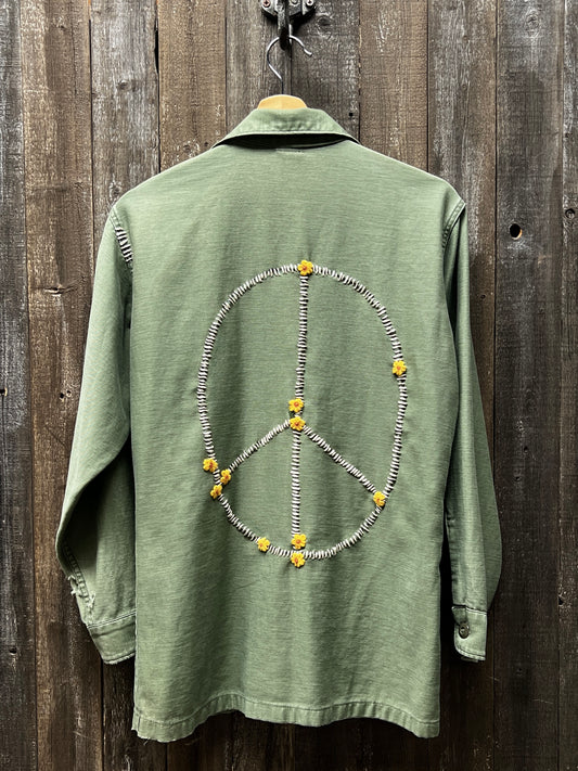 Vintage Army Jacket with Love & Peace with Mini Flower Patches-S/M