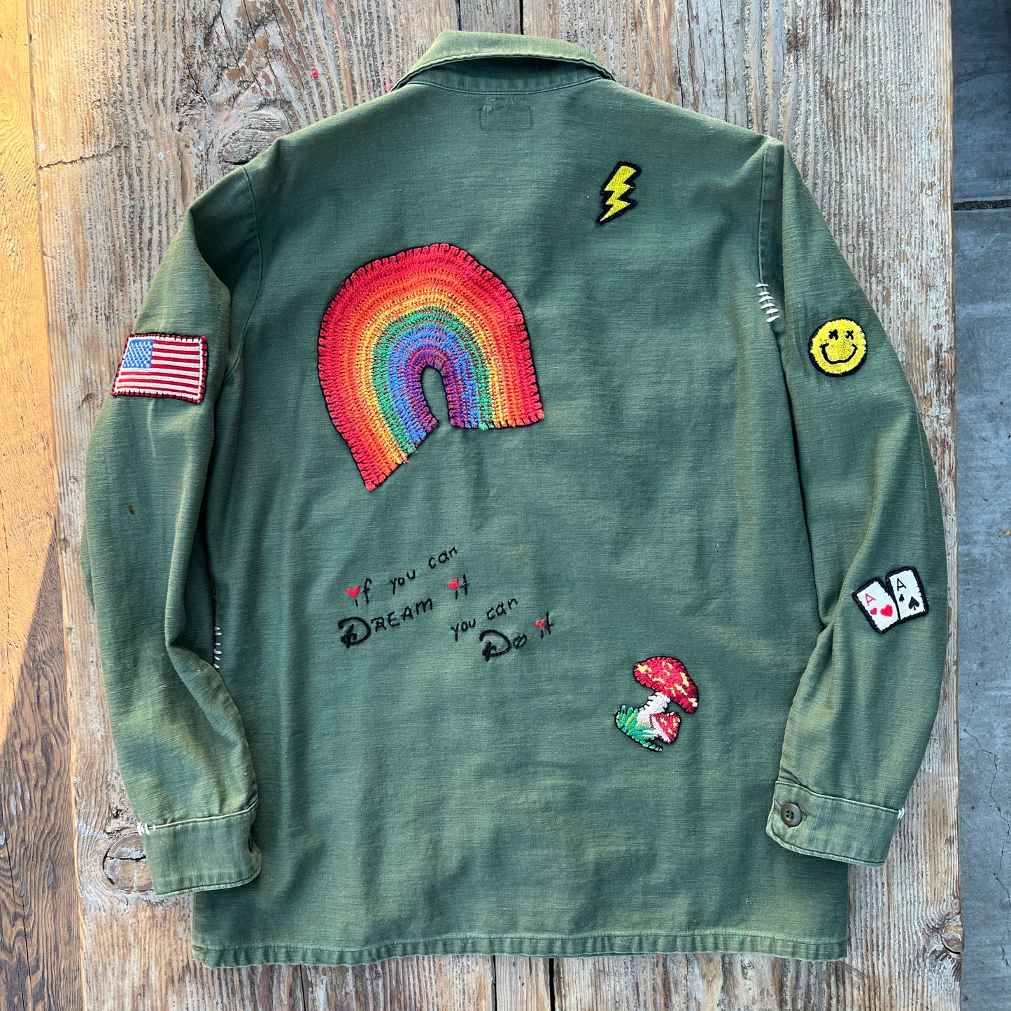 Vintage Army Jacket with Allover Happy Mickey Patches WITH PERSONALIZED HAND EMBROIDERY-S/M