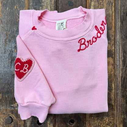 Crochet Heart with CUSTOM INITIAL & CUSTOM HAND EMBROIDERY ON NECKLINE Sweatshirt (17Colors)
