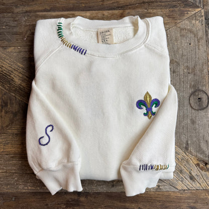 Mardi Gras Fleur de Lis Sweatshirt with Initial Letter on Sleeve (6 Colors)