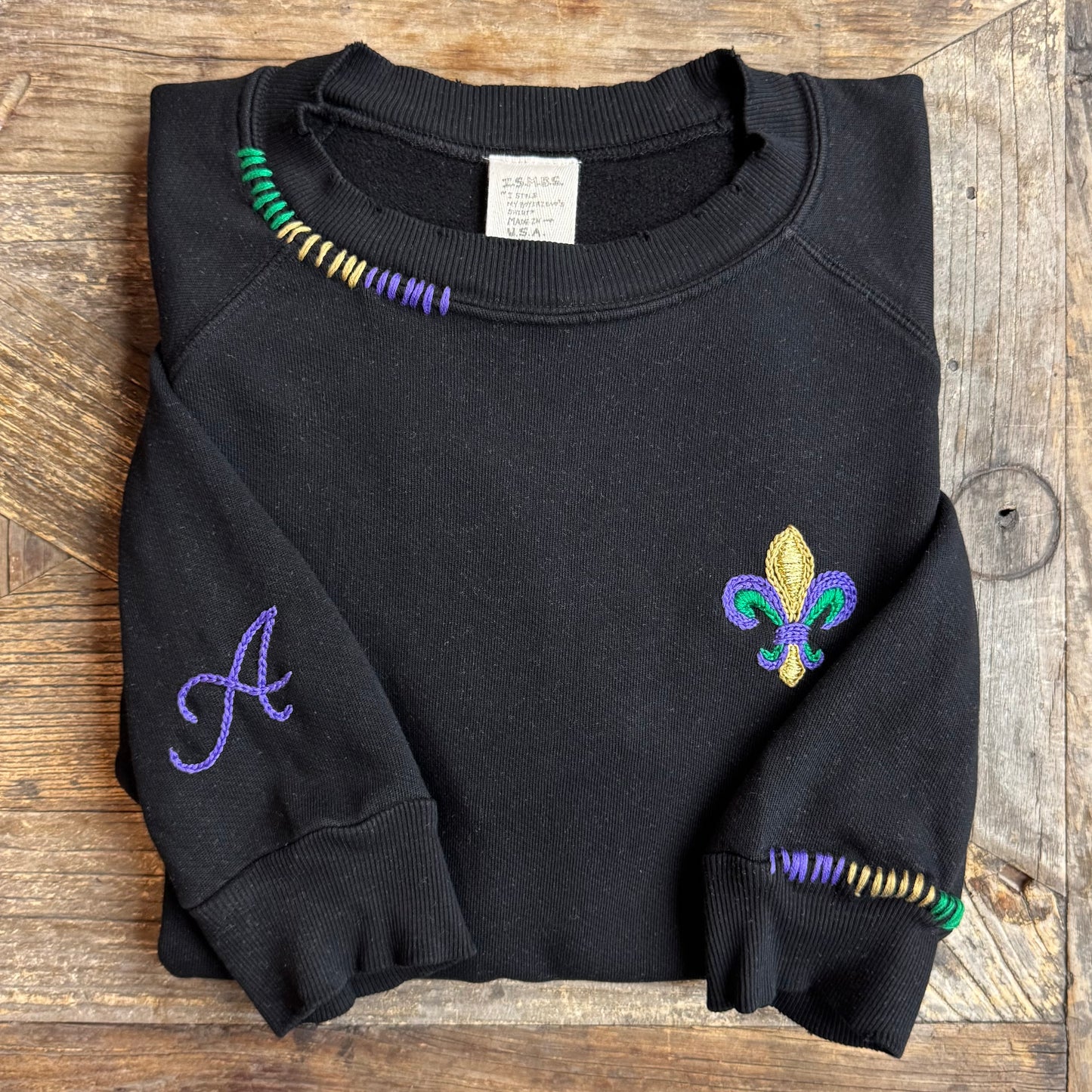 Mardi Gras Fleur de Lis Sweatshirt with Initial Letter on Sleeve (6 Colors)