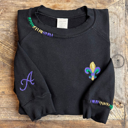 Mardi Gras Fleur de Lis Sweatshirt with Initial Letter on Sleeve (6 Colors)
