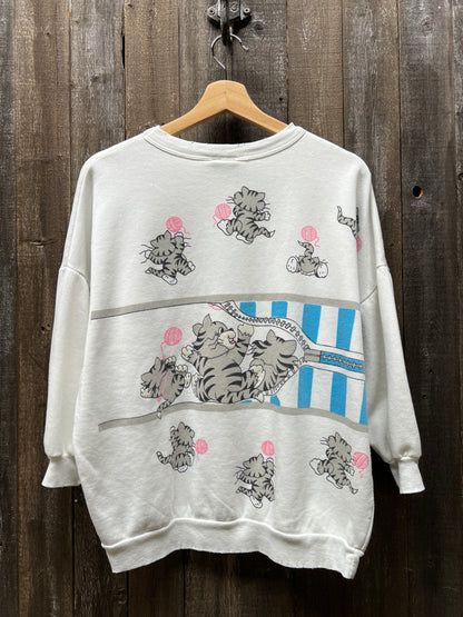 VINTAGE ALLOVER CATS SWEATSHIRT WITH CUSTOM HAND EMBROIDERY-M/L