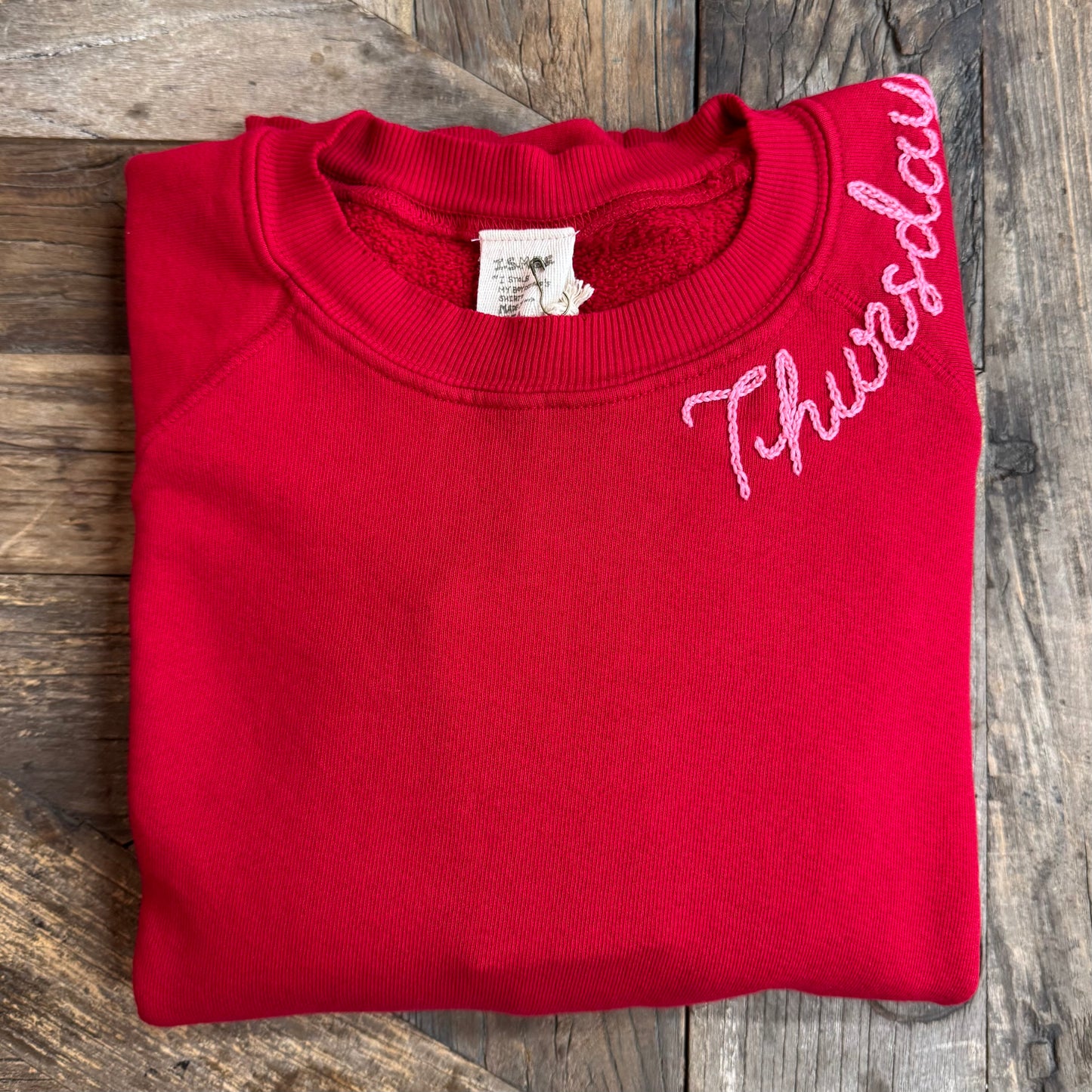 RED L/S SWEATS WITH CUSTOM HAND EMBROIDERY