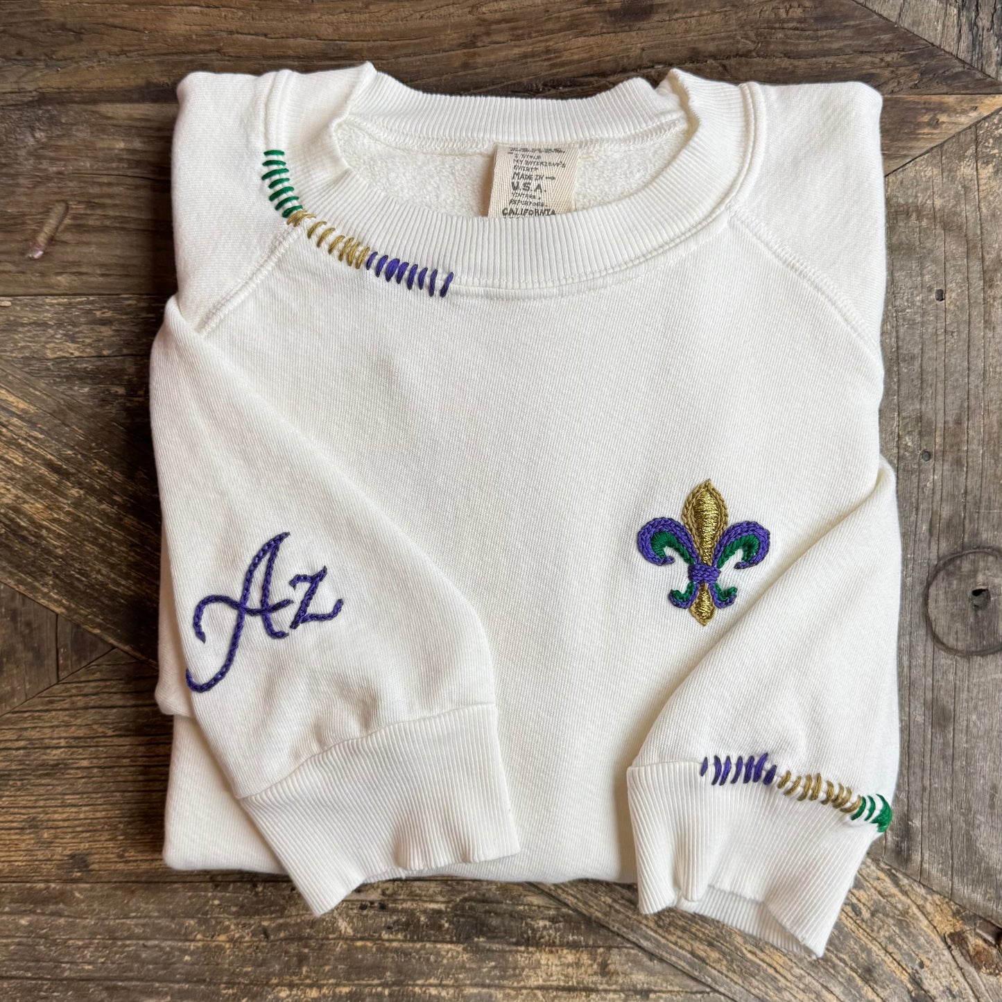 Mardi Gras Fleur de Lis Sweatshirt with Initial Letter on Sleeve (6 Colors)