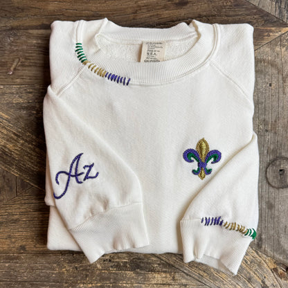 Mardi Gras Fleur de Lis Sweatshirt with Initial Letter on Sleeve (6 Colors)
