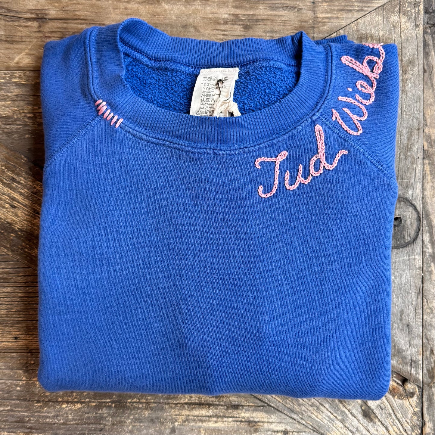 BLUE L/S SWEATS WITH CUSTOM HAND EMBROIDERY