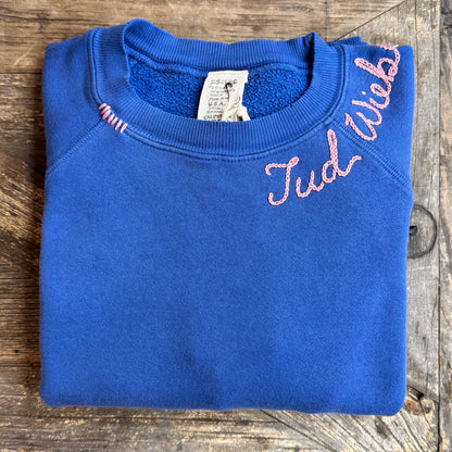 BLUE L/S SWEATS WITH CUSTOM HAND EMBROIDERY